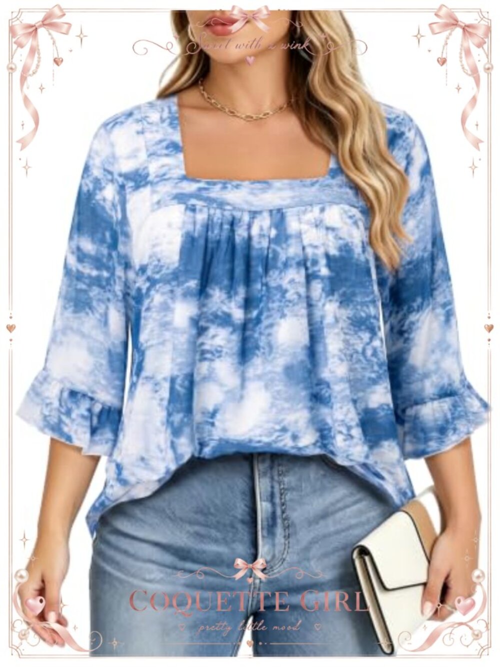 Plus Size Chiffon Blouse Square Neck 3/4 Ruffle Sleeve Tunic Top